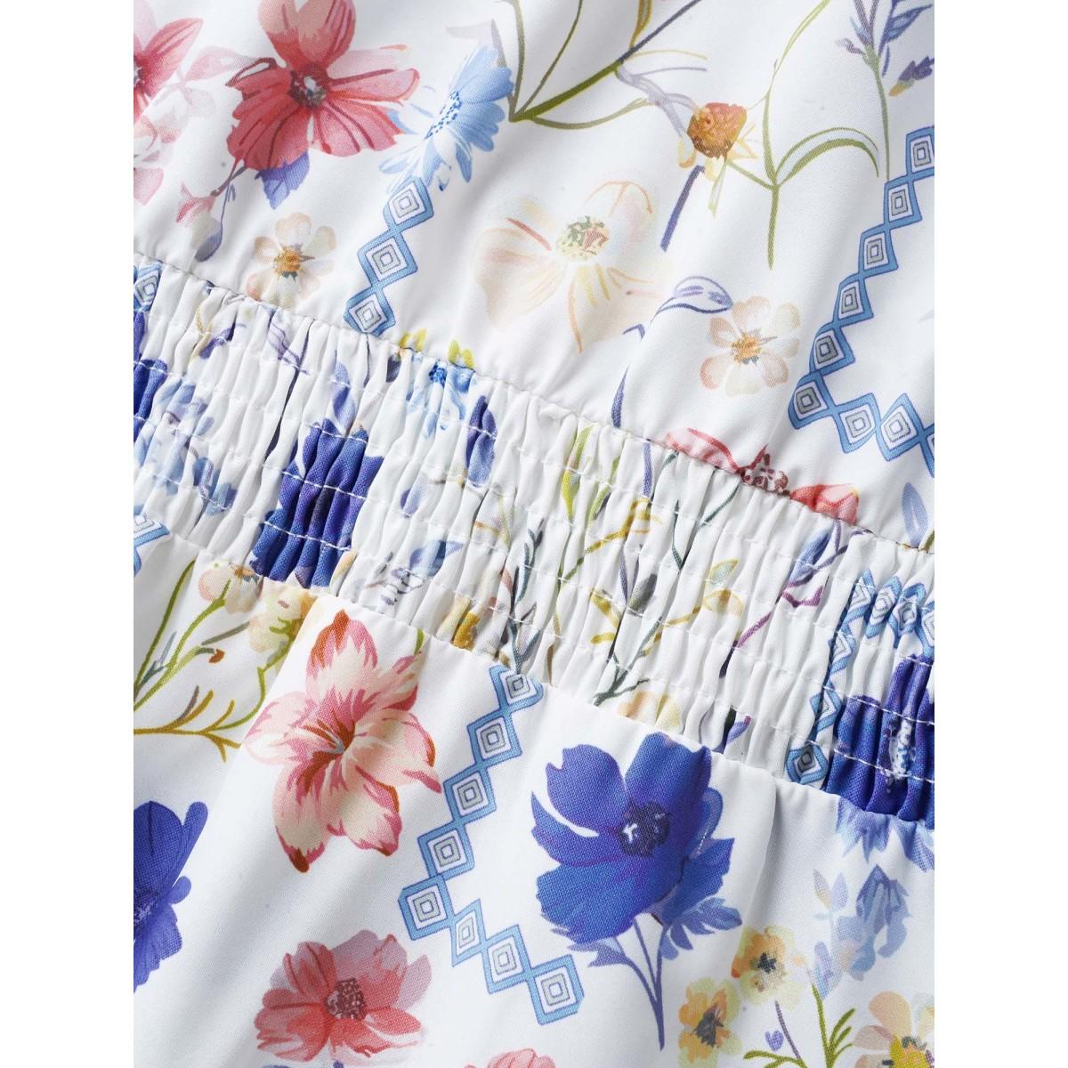 Plus Size Floral One Shoulder Neck Shirred Tassel Dress White Women Resort Tie knot One-shoulder neck Short sleeve Curvy BloomChic 26/4X Product Image