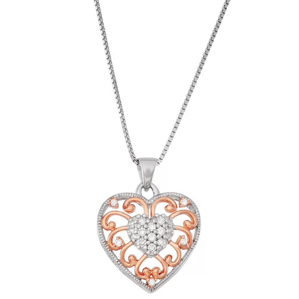 10k Rose Gold Over Sterling Silver 1/10 Carat T.W. Diamond Heart Pendant Necklace, Women's, Size: 18", Pink Tone Product Image