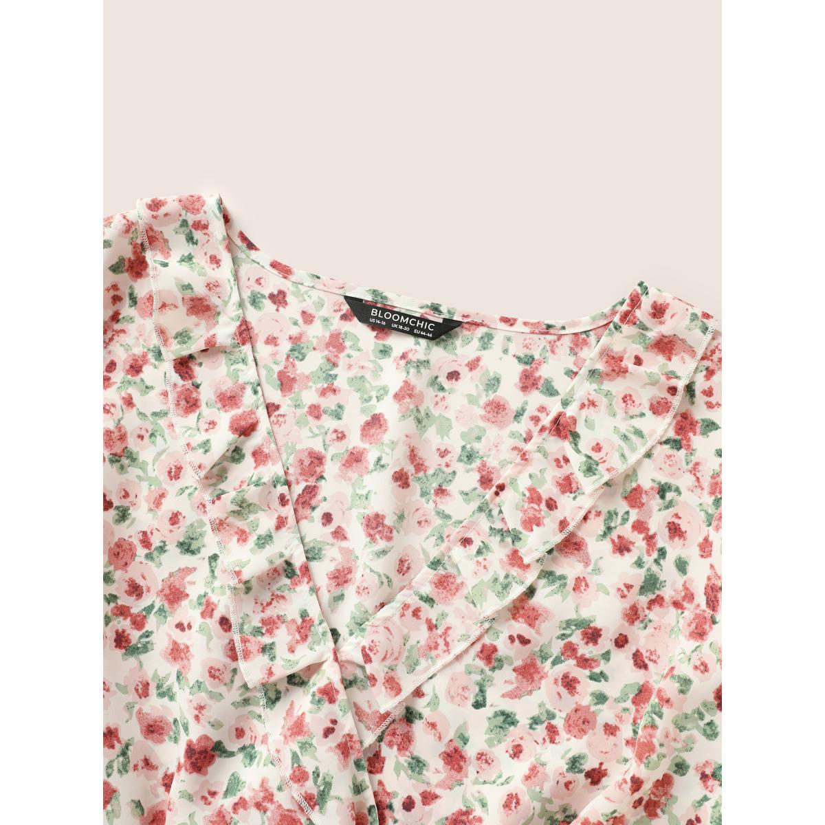 Plus Size Watermelon Ditsy Floral Overlap Collar Ruffles Shirred Blouse Women Elegant Half Sleeve Overlap Collar Everyday Blouses BloomChic 14-16/1X Product Image