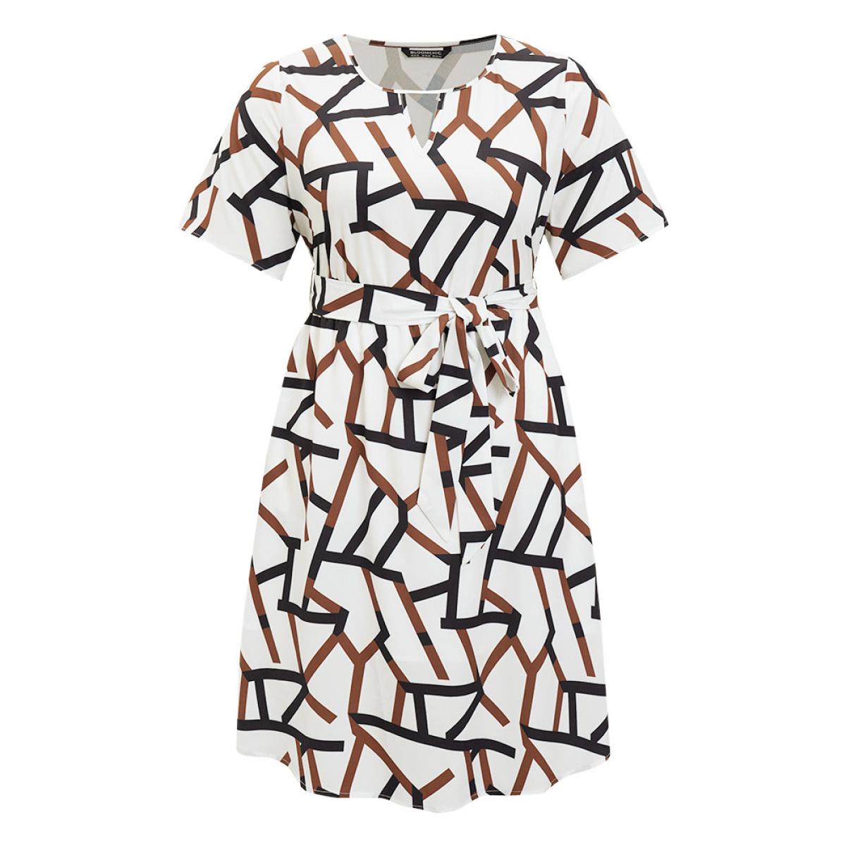 Plus Size Geometric Print Pocket Ruffles Keyhole Neck Dress Multicolor Women Office Lined Keyhole Cut-Out Short sleeve Curvy Midi Dress BloomChic 30/6X Product Image