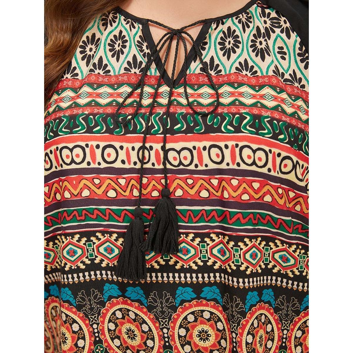 Plus Size Multicolor Moroccan Print Raglan Sleeve Tassels Tie Neck Blouse Women Vacation Short sleeve Tie Neck Dailywear Blouses BloomChic 22-24/3X Product Image