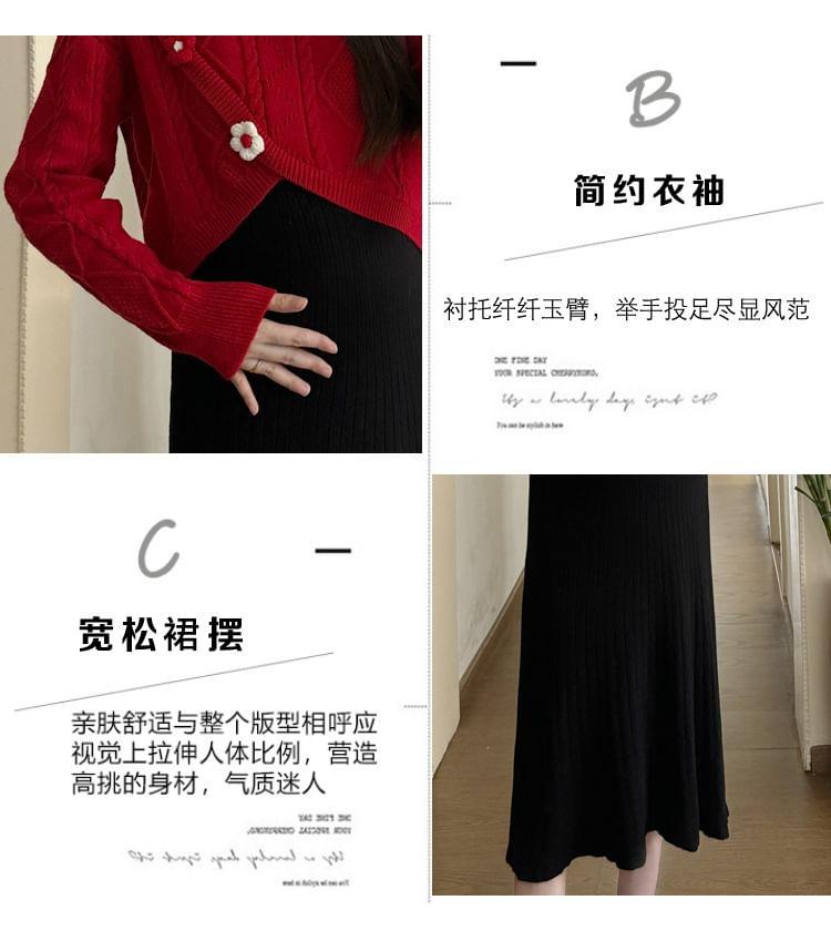 Maternity Long-Sleeve Crew Neck Asymmetrical Floral Accent Cable Knit Crop Top / Sleeveless Square Neck Plain Midi A-Line Dress Product Image