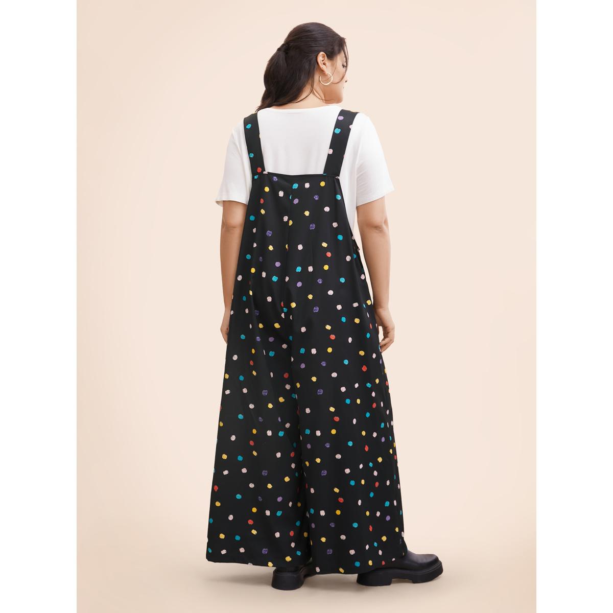 Plus Size Black Painted Polka Dot Adjustable Straps Jumpsuit Women Casual Sleeveless Non Everyday Loose Jumpsuits BloomChic 12/L Product Image