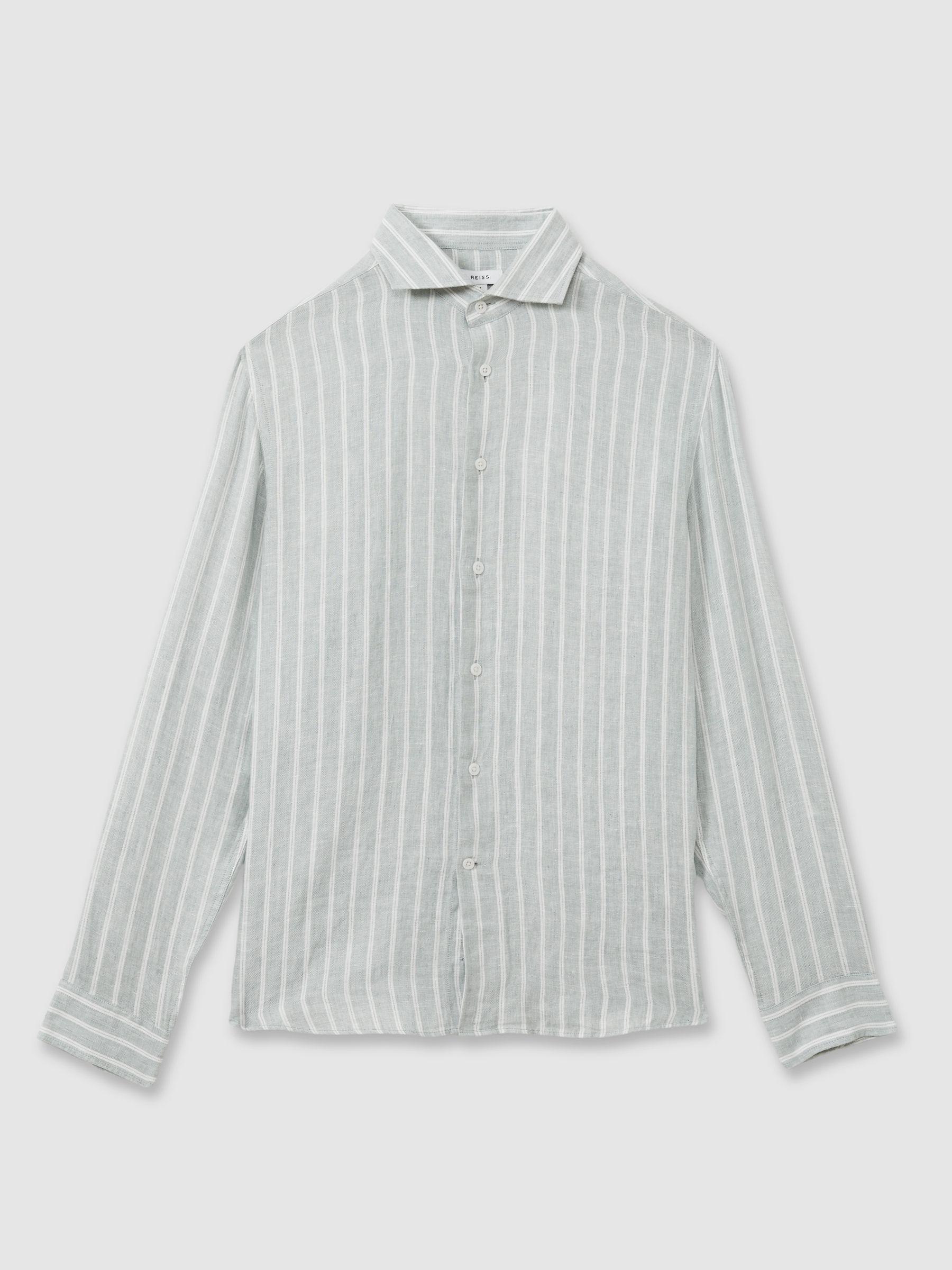 Linen Striped Long Sleeve Shirt in Green Product Image