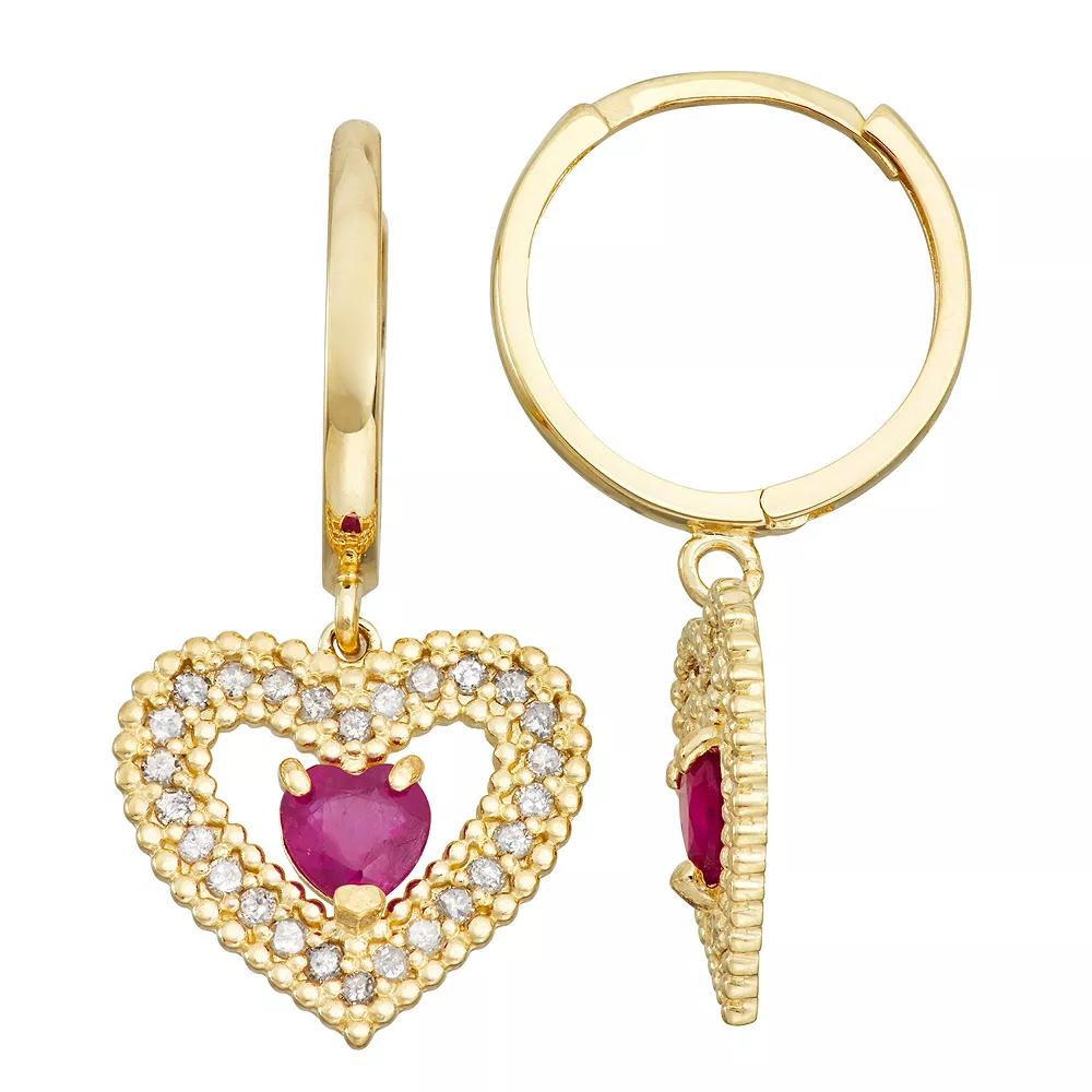 Tiara 10k Gold Ruby & 1/3 Carat T.W. Diamond Heart Drop Earrings, Women's Product Image