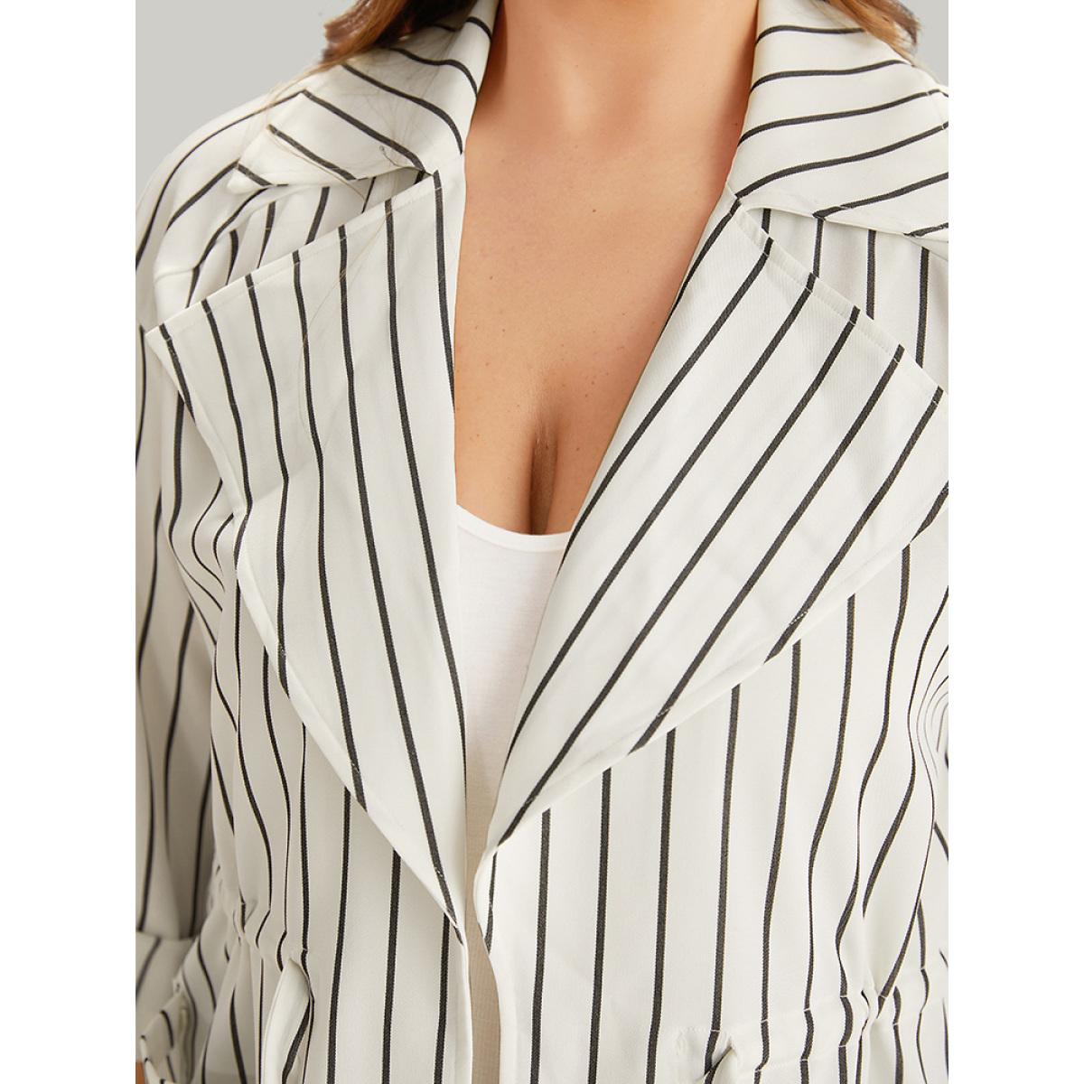 Plus Size Striped Suit Collar Drawstring Patched Pocket Coat Women White Casual Knotted Ladies Everyday Winter Coats BloomChic 14-16/1X Product Image
