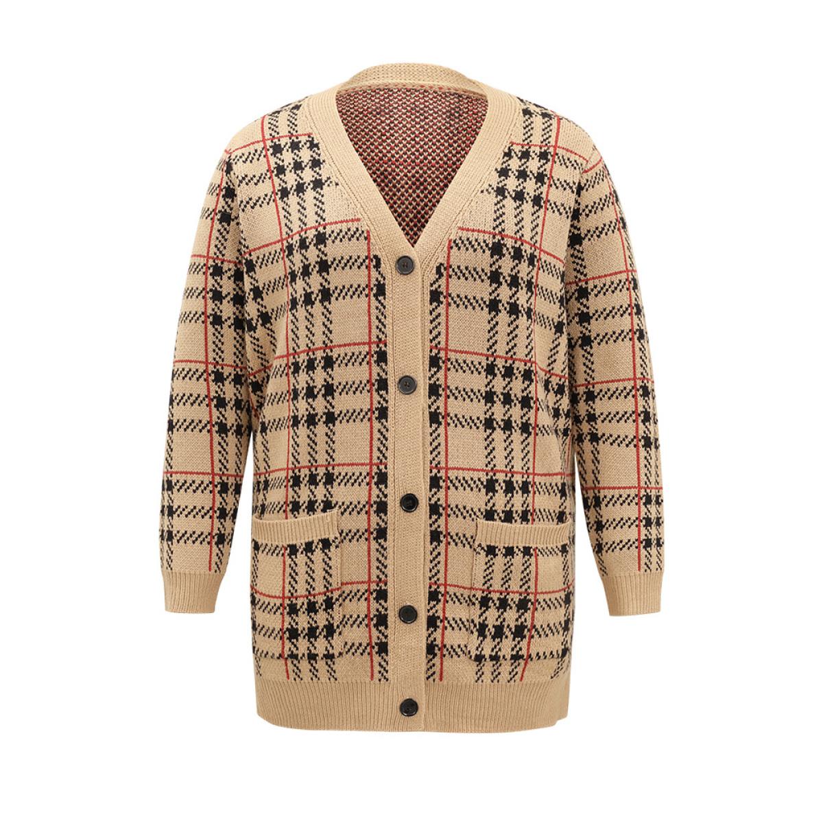 Plus Size Plaid & Houndstooth Print Patched Pocket Cardigan Multicolor Women Casual Loose Long Sleeve Dailywear Cardigans BloomChic 28/5X Product Image