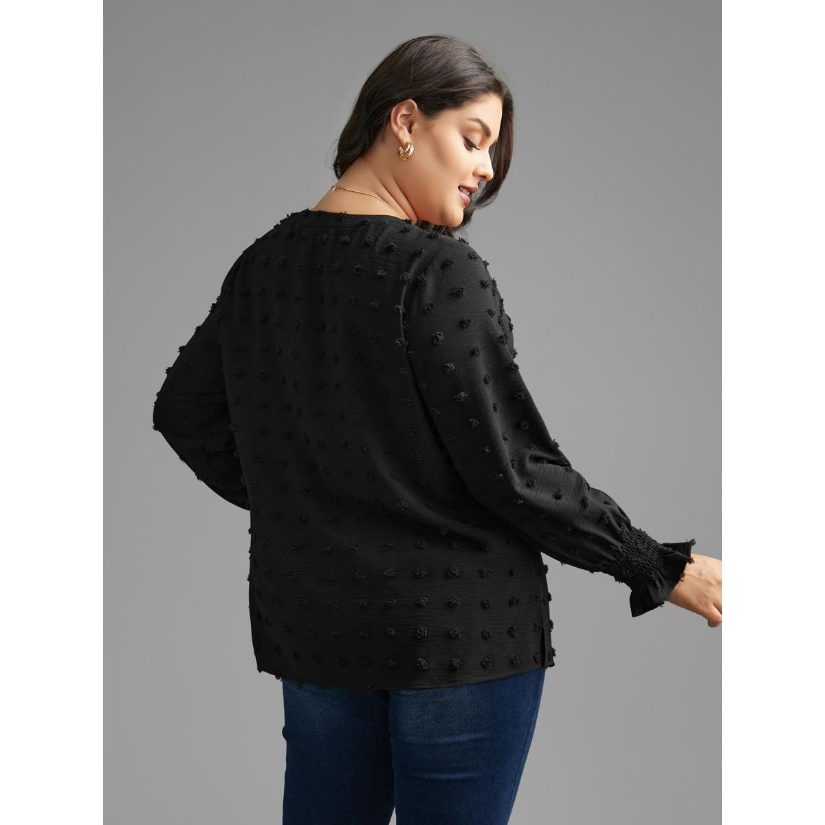 Plus Size Black Plain Textured Shirred Gathered Blouse Women Elegant Long Sleeve V-neck Everyday Blouses BloomChic 18-20/2X Product Image