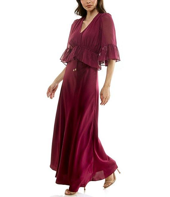 Moda Tara Crepe Satin & Georgette Chiffon Short Ruffle Sleeve A-Line Maxi Dress Product Image