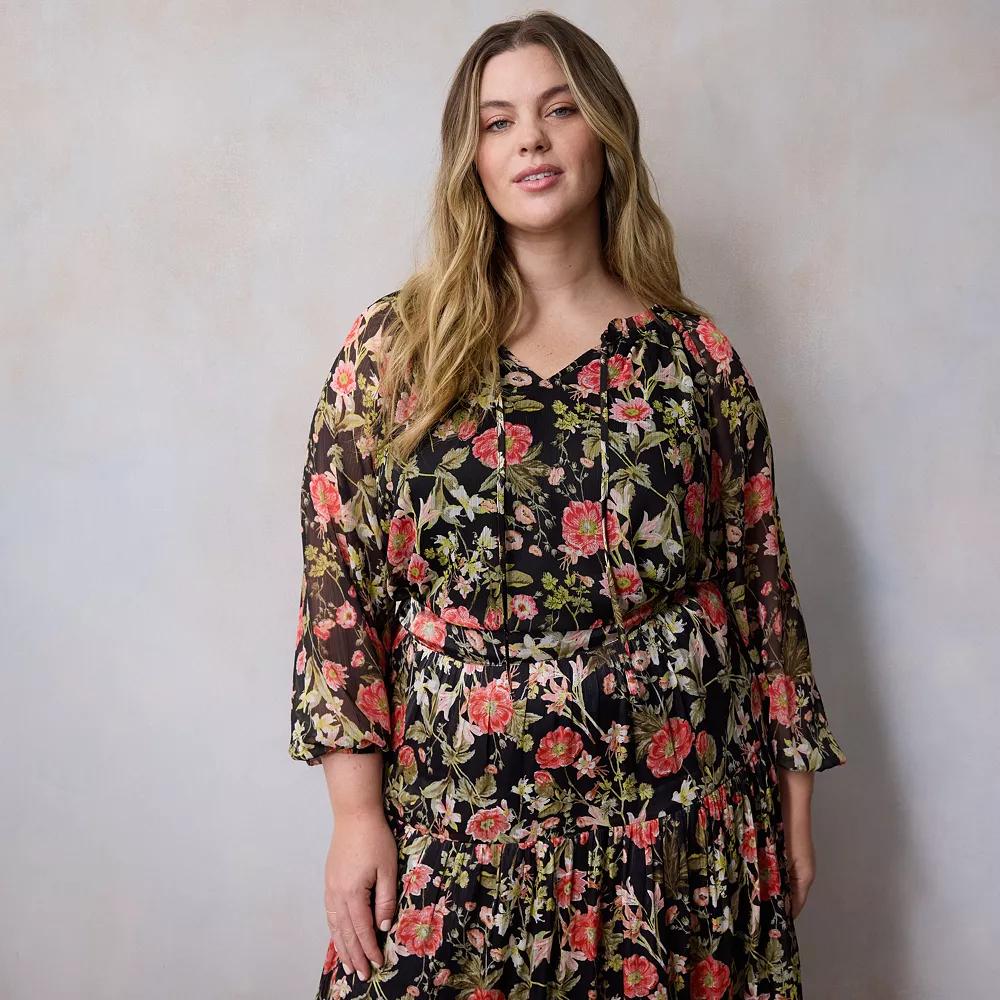 Plus Size LC Lauren Conrad Tie Front Peasant Top, Women's, Size: 3XL, Black Bryn Botanical Product Image