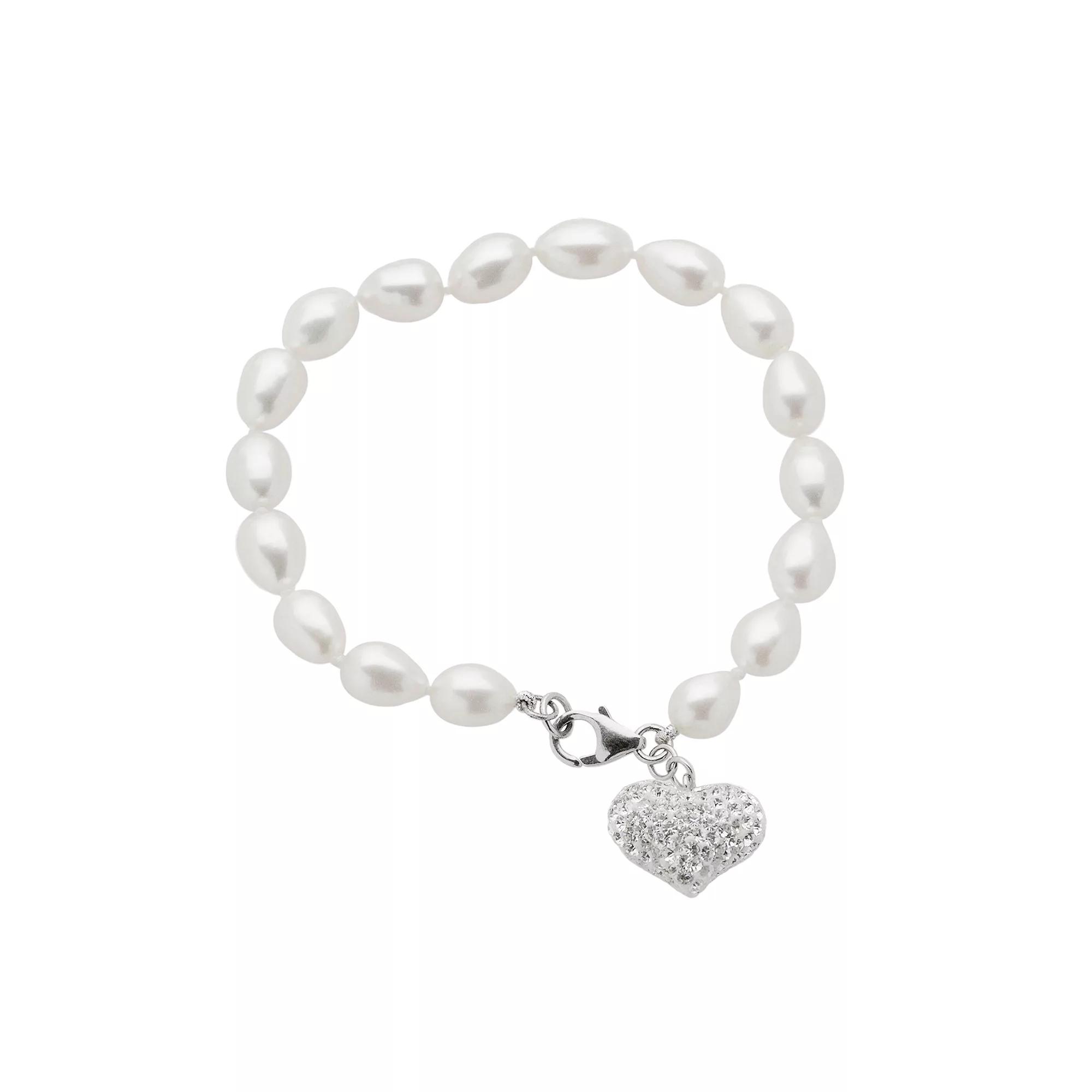 Sterling Silver Freshwater Cultured Pearl and Crystal Heart Charm Bracelet, Womens White Product Image