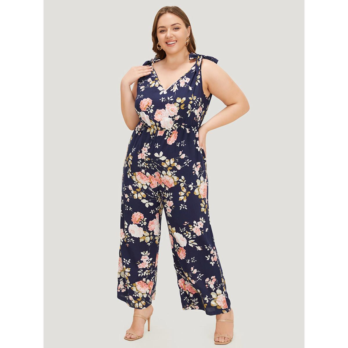 Plus Size DarkBlue Floral Belt Pocket Knot Shoulder Jumpsuit Women Elegant Sleeveless Spaghetti Strap Dailywear Loose Jumpsuits BloomChic 14-16/1X Product Image