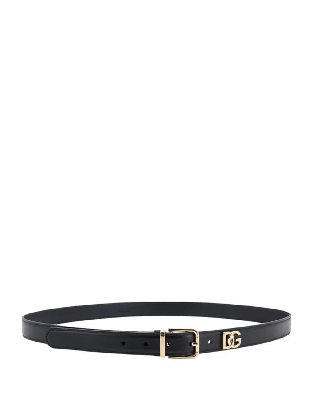 DOLCE & GABBANA Calf Leather Belt With Logo Plaque In Black Product Image