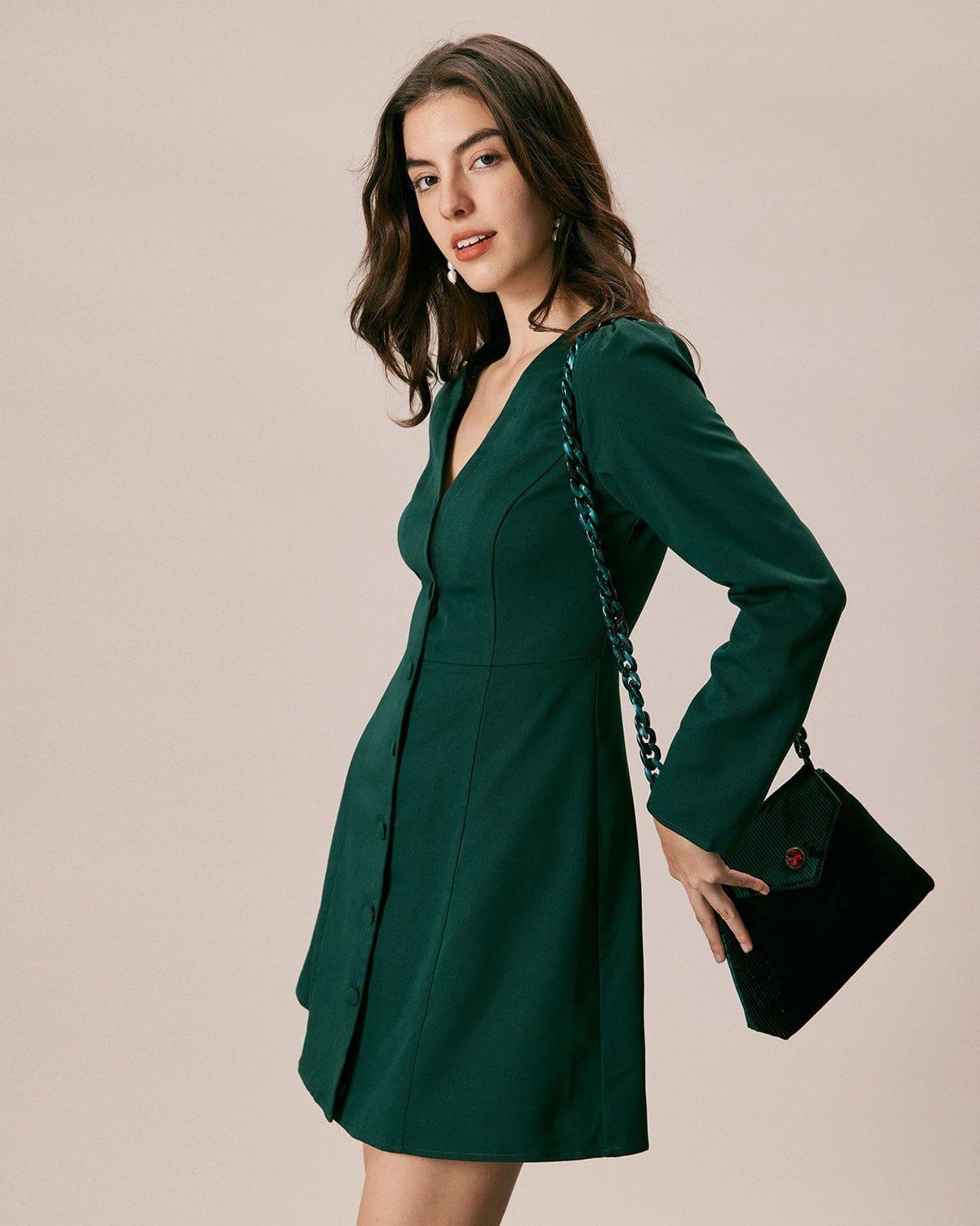 The Green V Neck Button Shirt Mini Dress Product Image