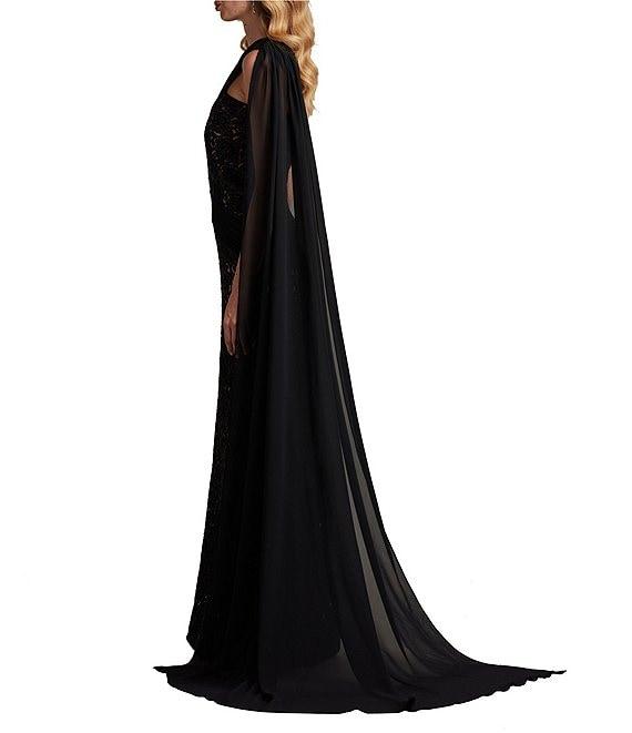 Tadashi Shoji Pleated Draped One Shoulder Lace Sheath Gown Product Image