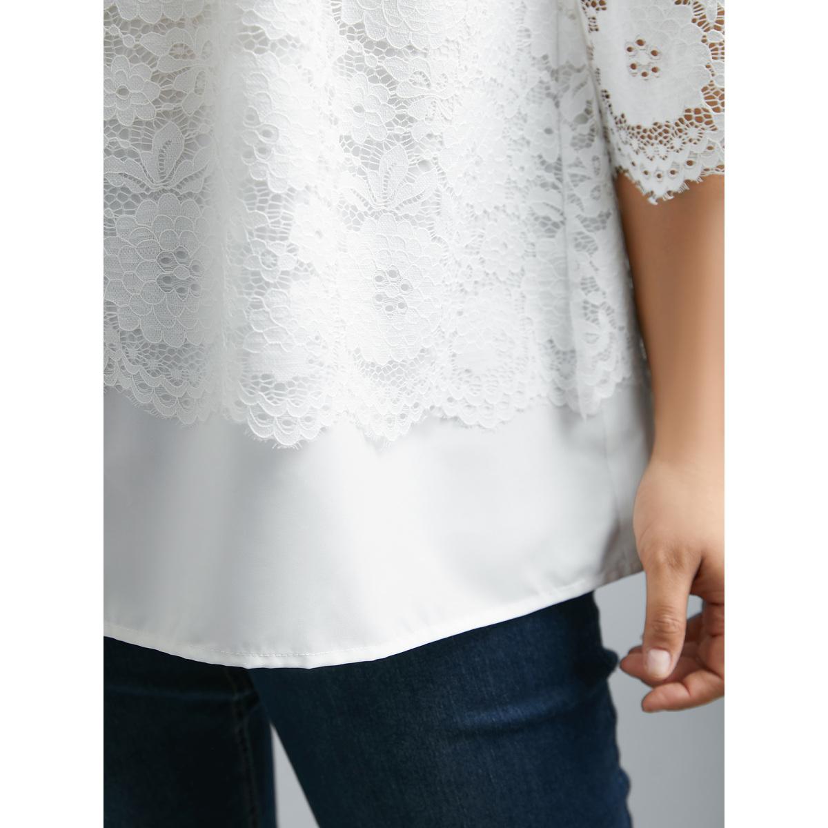 Plus Size Opticwhite Layered Crochet Lace Semi-Sheer Blouse Women Elegant Elbow-length sleeve Round Neck Everyday Blouses BloomChic 12/L Product Image