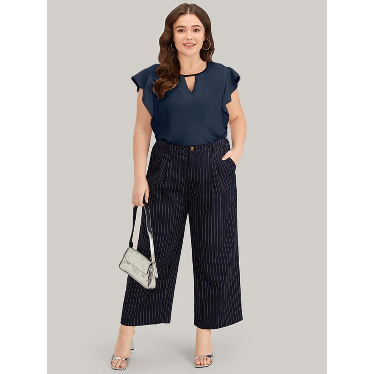 Plus Size Indigo Contrast Keyhole Ruffle Trim Cap Sleeve Blouse Women Office Cap Sleeve Keyhole Cut-Out Office Blouses BloomChic 22-24/3X Product Image