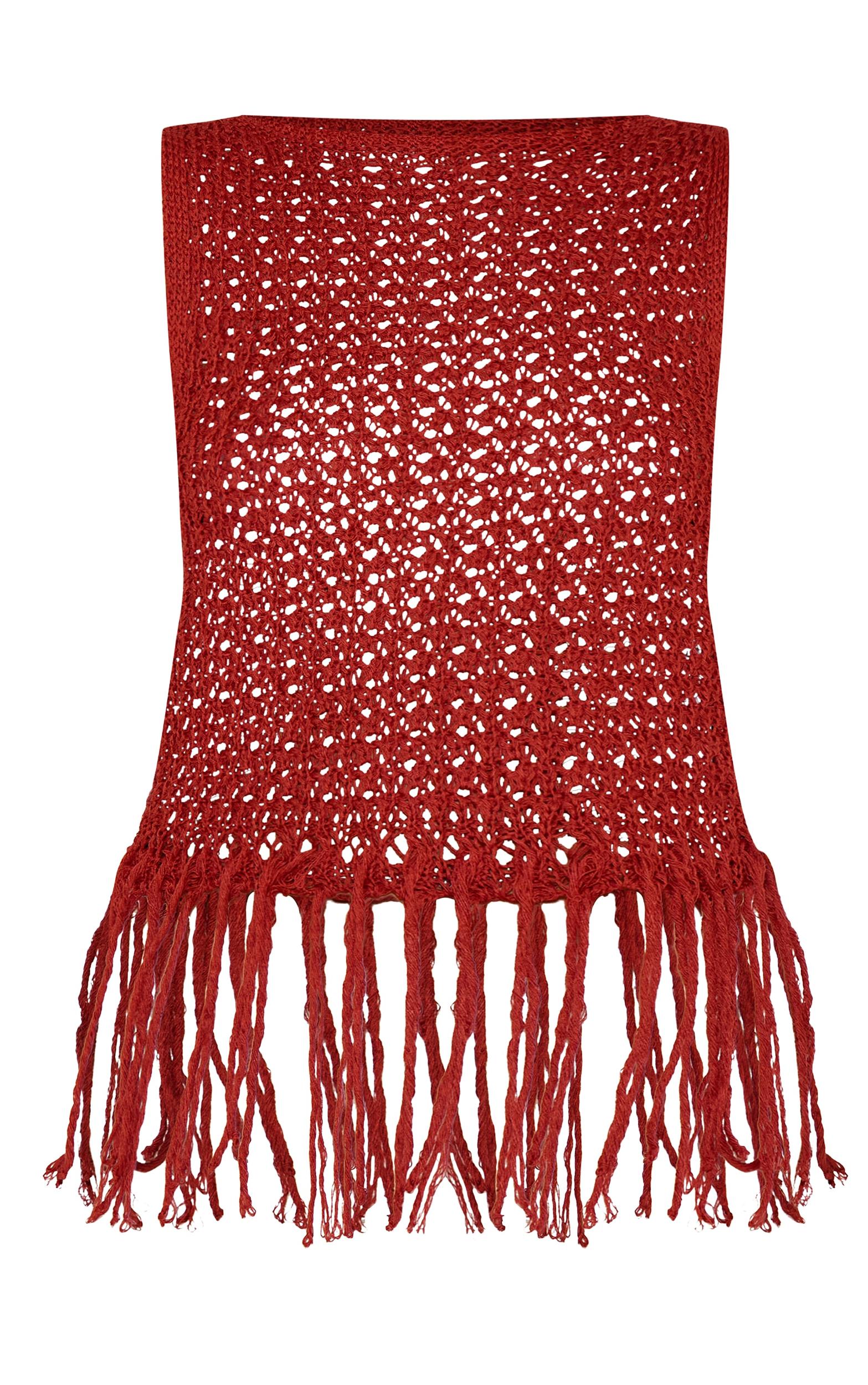 Rust Crochet Boat Neck Fringe Top Product Image