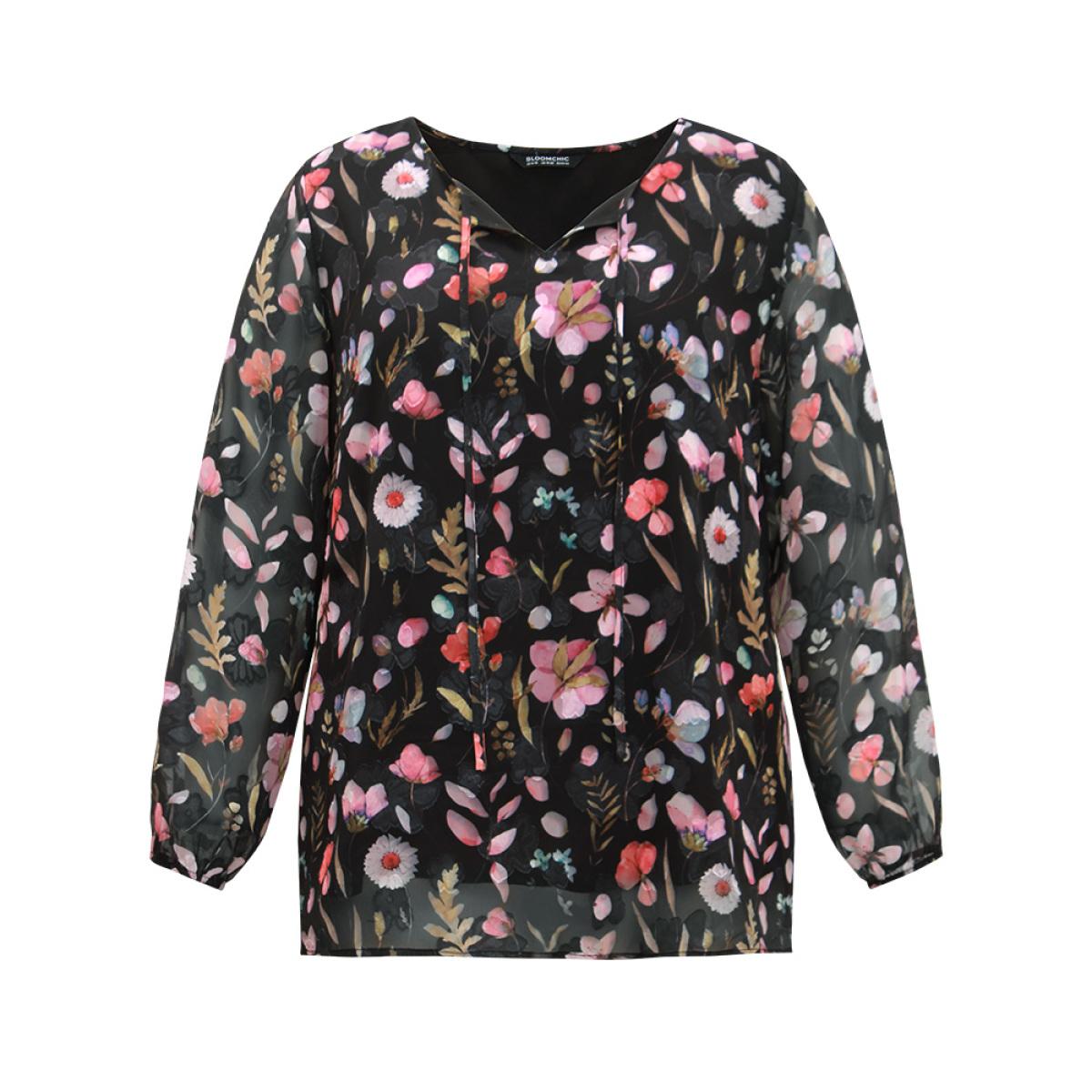 Plus Size BlackFlower Floral Print Chiffon Knot Neck Lantern Sleeve Blouse Women Elegant Long Sleeve Tie Neck Dailywear Blouses BloomChic 22-24/3X Product Image