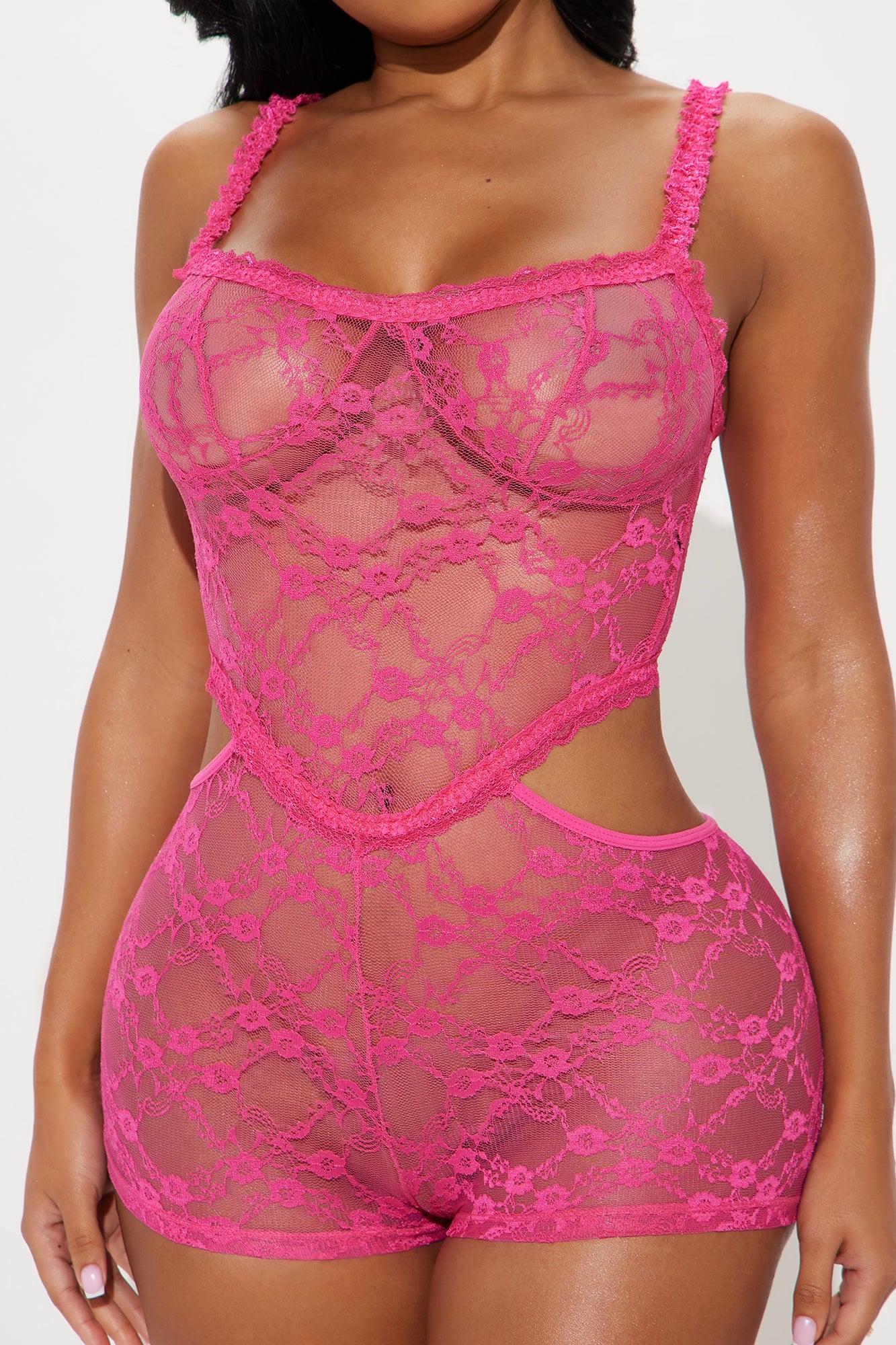 Give You My Heart Lace Romper Bodystocking - Hot Pink Product Image