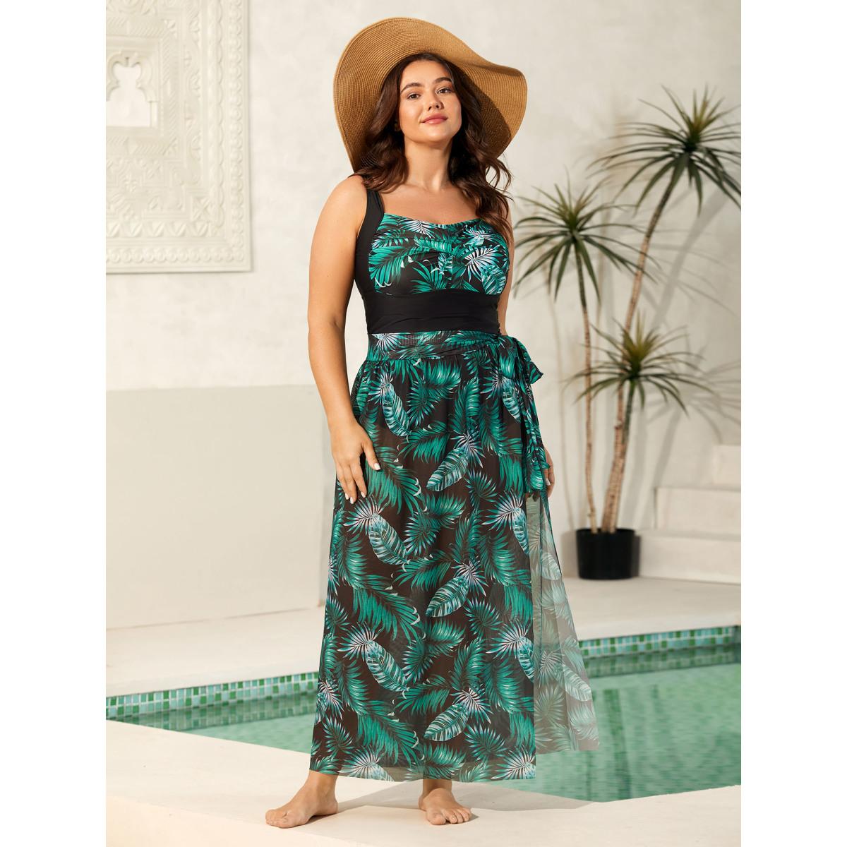 Plus Size Two-Piece Tropical Twist Front Swimsuit,Sarong Women's Swimwear Black Beach Twist Curve Bathing Suits High stretch One Pieces BloomChic 12/L Product Image