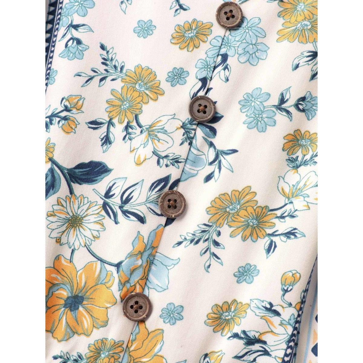 Plus Size Floral Contrast Button V-Neck Midi Dress Cerulean Women Contrast V-neck Half Sleeve Curvy BloomChic 14-16/1X Product Image