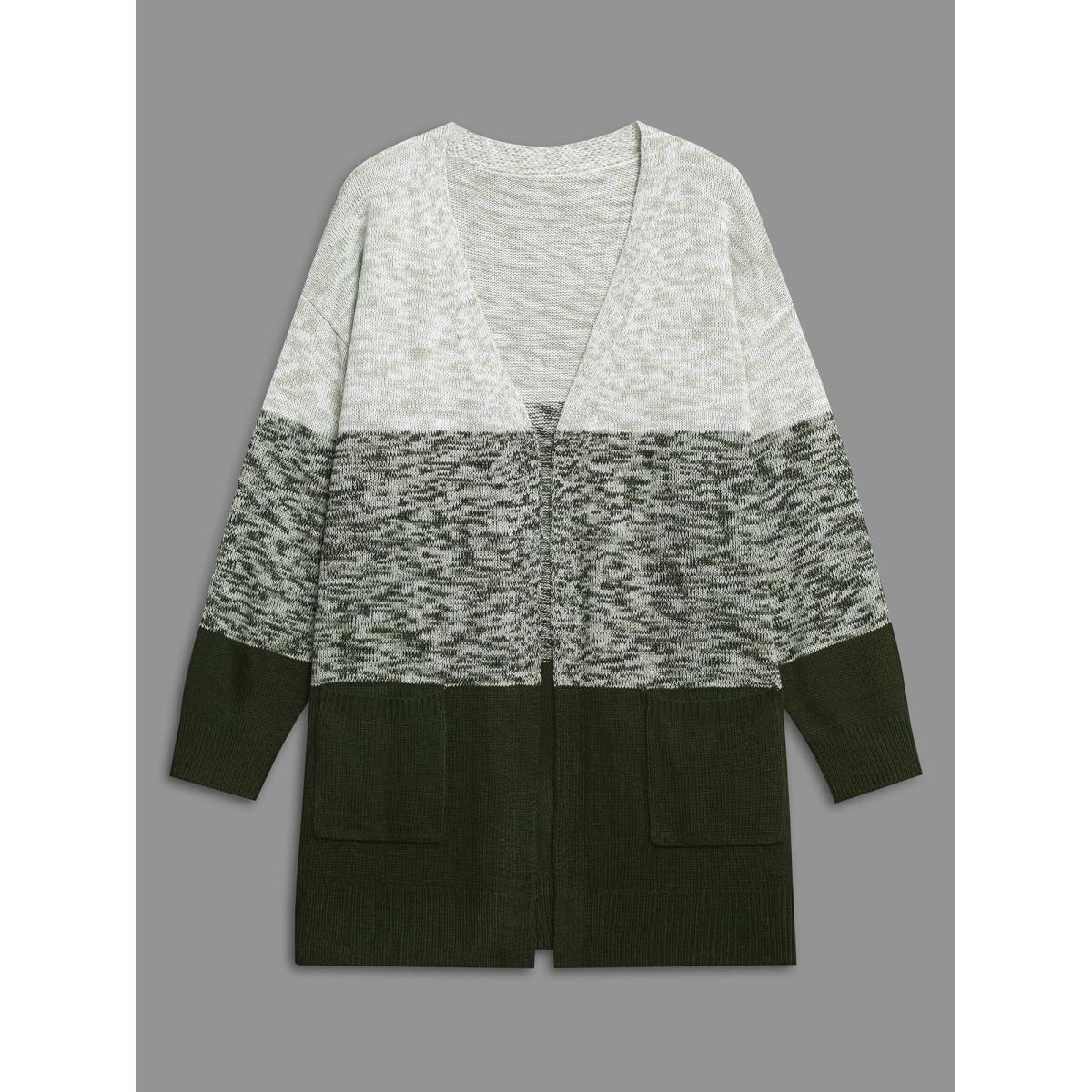 Plus Size Heather Colorblock Contrast Patched Pocket Cardigan ArmyGreen Women Casual Loose Long Sleeve Everyday Cardigans BloomChic 28/5X Product Image