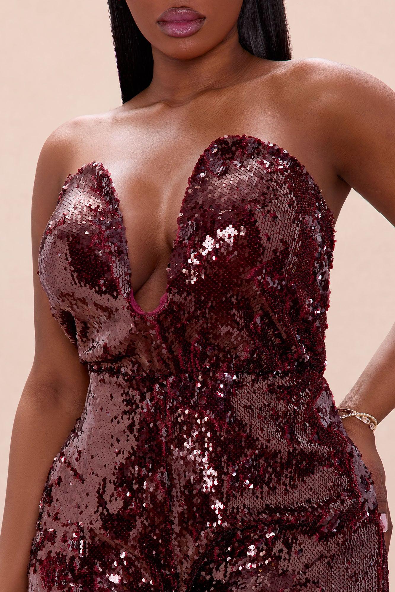 Up All Night Strapless Sequin Jumpsuit - Wine Female Product Image