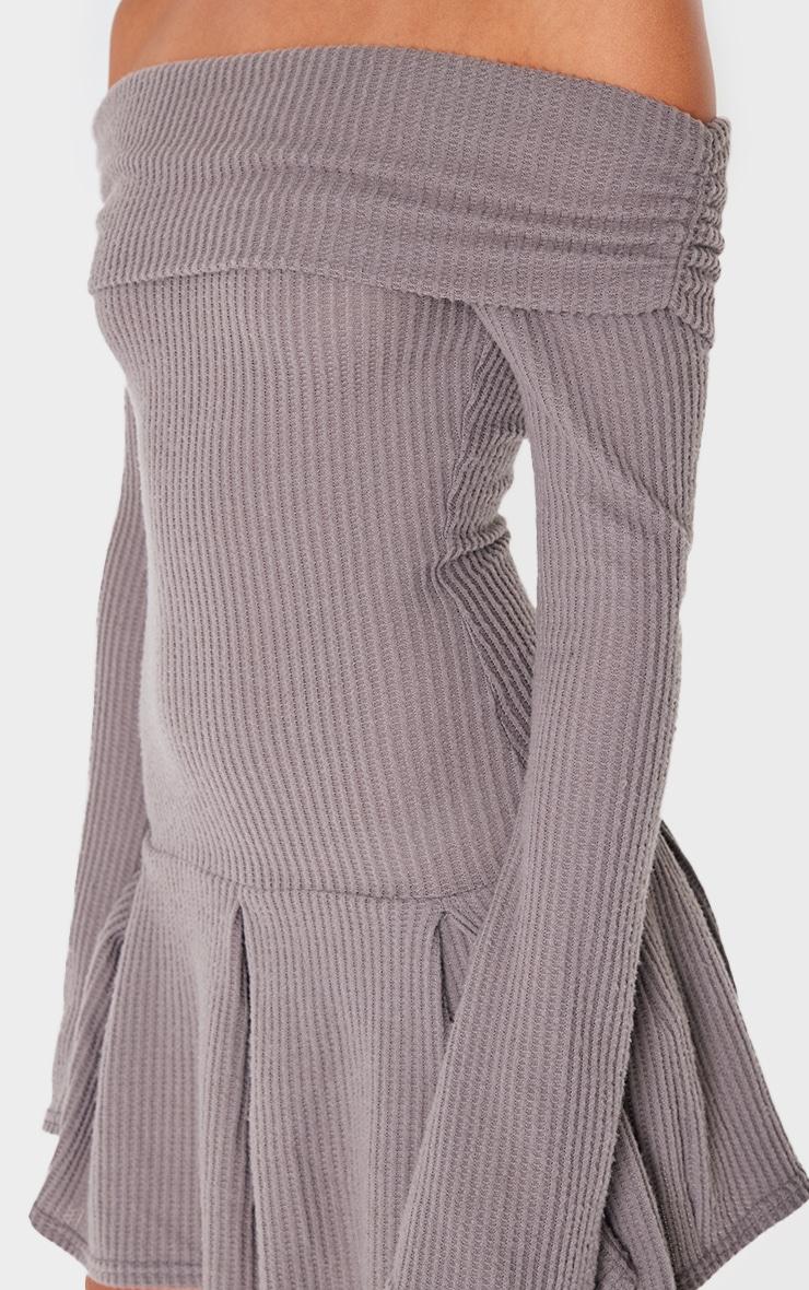 Charcoal Waffle Textured Bardot Pleated Shift Dress Product Image