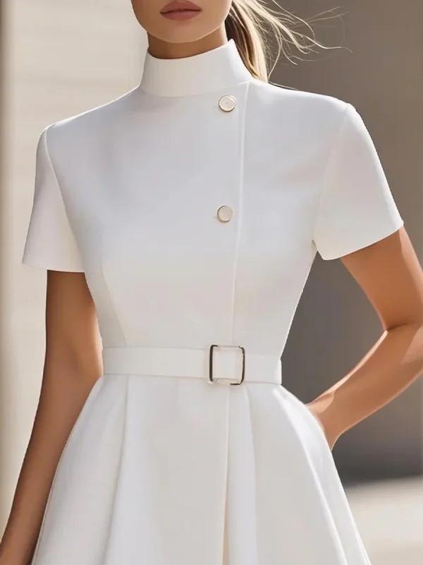 Short Sleeves Belted Buttoned Solid Color Stand Collar Mini Dresses Product Image