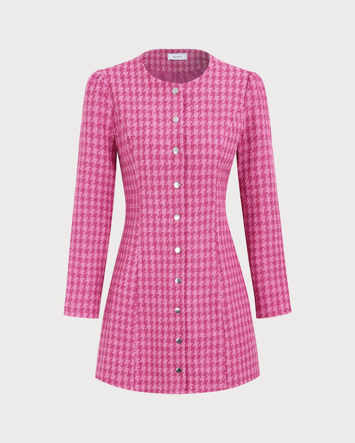 Women's Pink Single-breasted Tweed Mini Dress Female Product Image