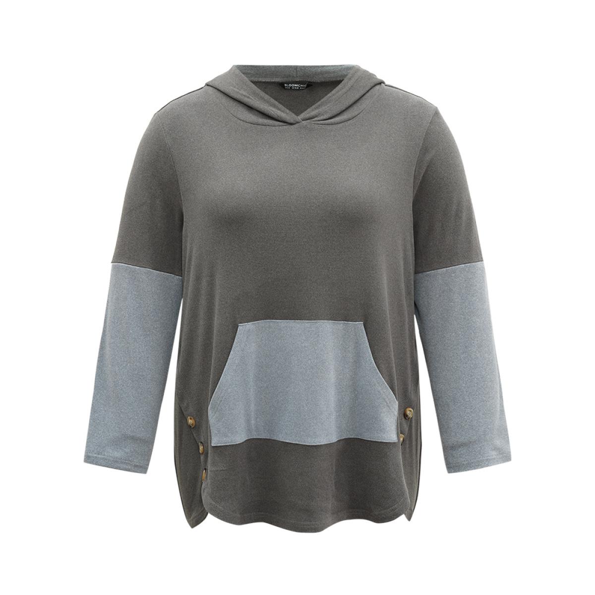 Plus Size Contrast Kangaroo Pocket Hooded Button Detail Sweatshirt Women DimGray Elegant Contrast Hooded Dailywear Sweatshirts BloomChic 28/5X Product Image