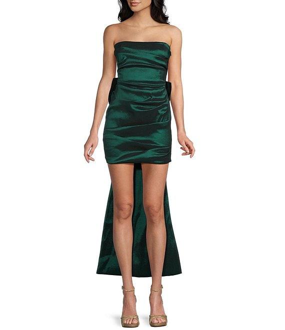 Allison & Kelly Strapless Taffeta Bow Back With Detachable Train Mini Dress Product Image