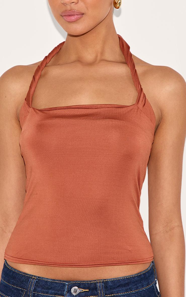 Burnt Orange Halter Neck Twist Strap Detail Crop Top Product Image