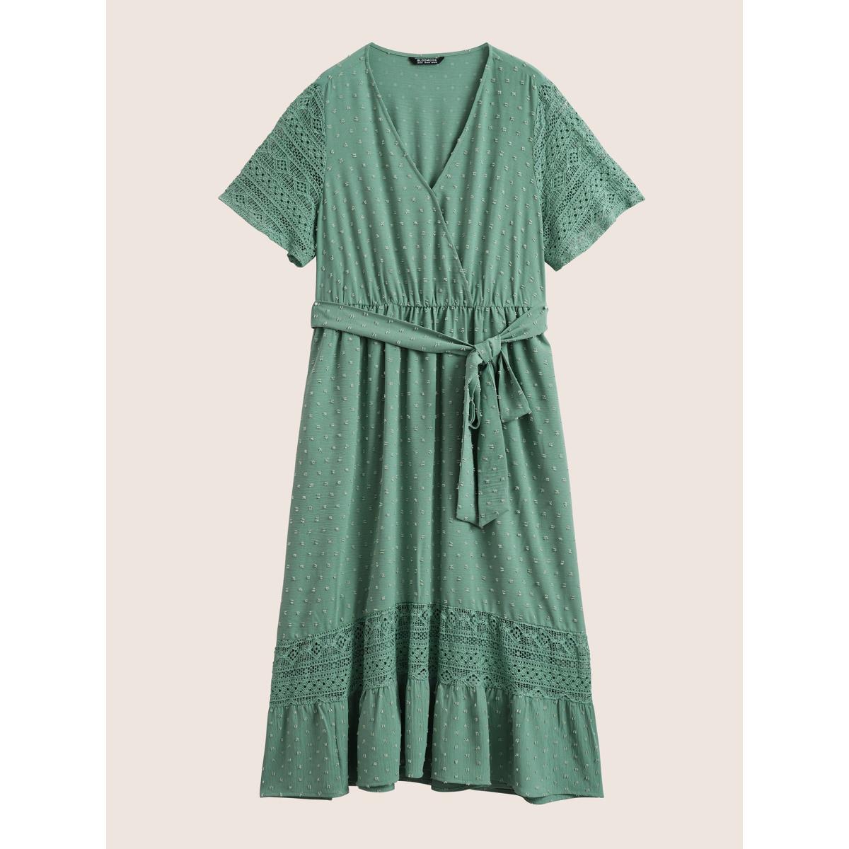 Strappy Elegance Flutter Patchwork Plus Size Dress Women Plain Mint Ruffle Sleeve Short Sleeve V Neck Pocket Belt Dailywear Long Dress BloomChic Product Image