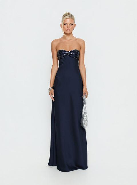 See The Vision Sequin Bust Strapless Maxi Dress Navy Product Image