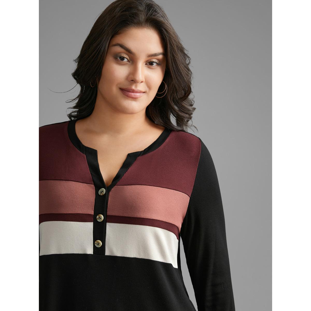 Plus Size Notched Collar Contrast Patchwork Button Up T-shirt Multicolor Women Casual Contrast Notched collar Everyday T-shirts BloomChic 22-24/3X Product Image