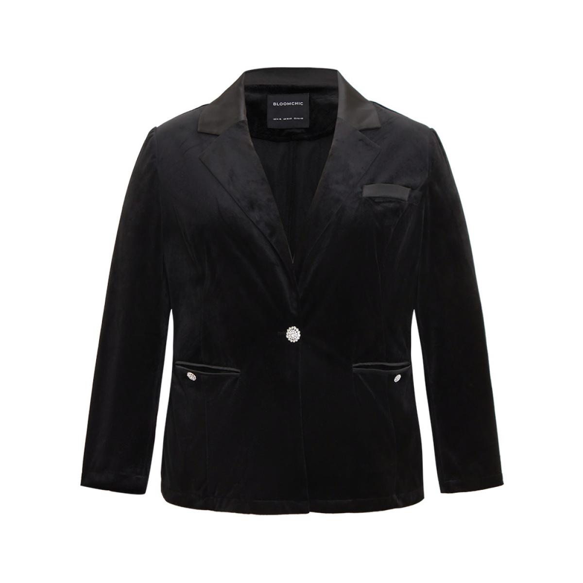 Plus Size Velvet Buckle Detail Pocket Suit Collar Blazer Black Women Dailywear Plain Plain Sleeve Long Sleeve Suit Collar 28/5X Pocket Elegant Blazers BloomChic Product Image