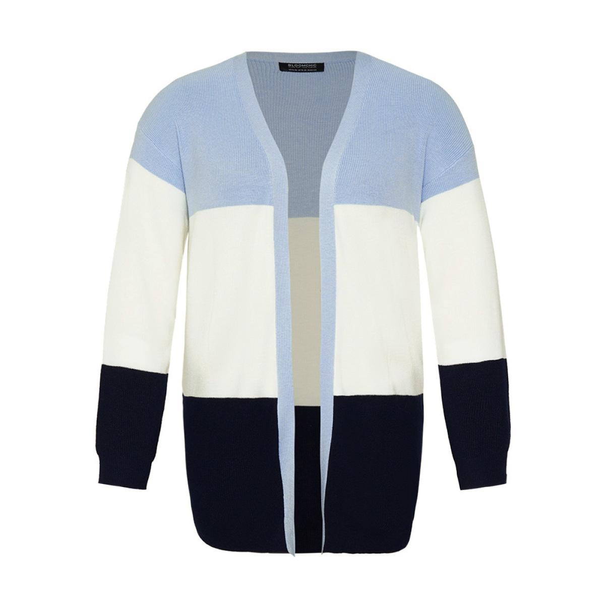 Plus Size Supersoft Essentials Colorblock Contrast Open Front Cardigan Blue Women Casual Loose Long Sleeve Everyday Cardigans BloomChic 18-20/2X Product Image