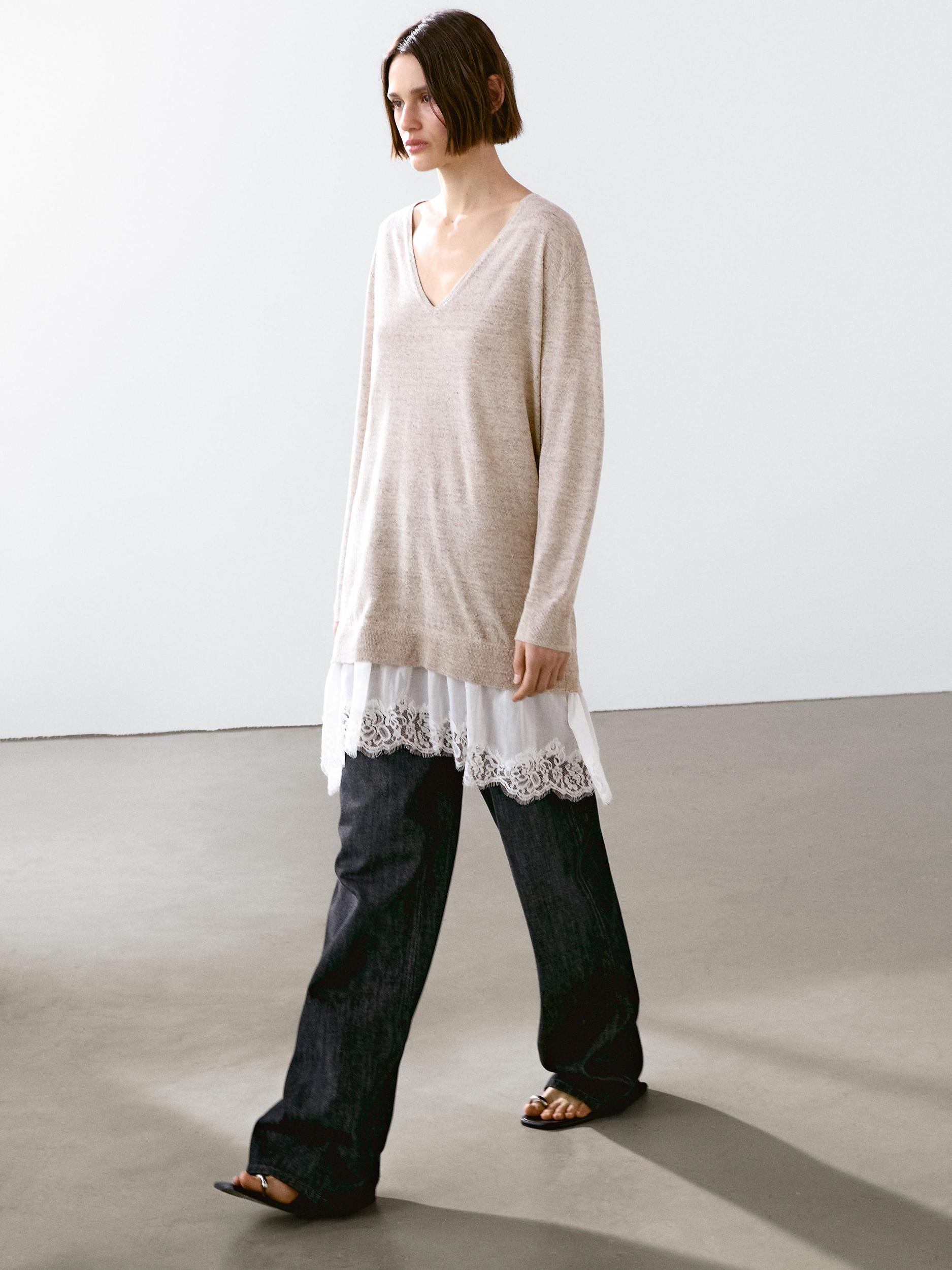 Linen blend dress with lace trim Product Image