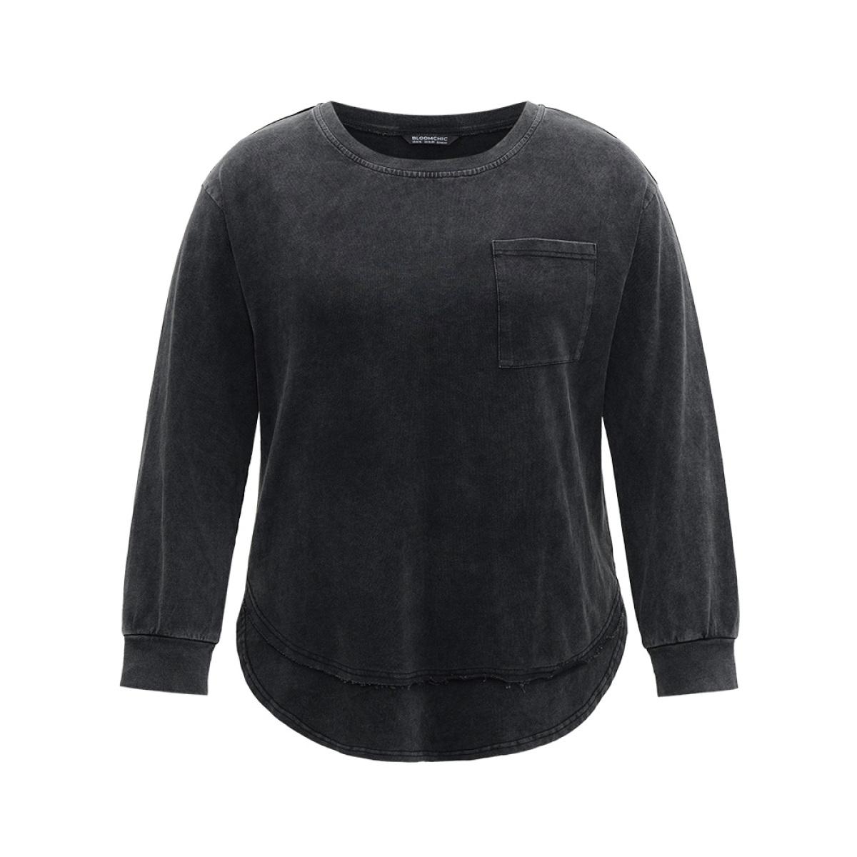 Plus Size Vintage Split Arc Hem Patched Pocket Sweatshirt Women Black Casual Plain Round Neck Everyday Sweatshirts BloomChic 10/M Product Image