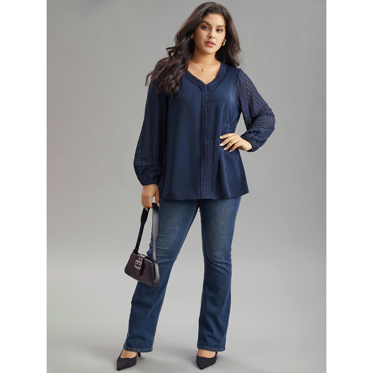 Plus Size Indigo V Neck Guipure Lace Lantern Sleeve Blouse Women Office Long Sleeve V-neck Office Blouses BloomChic 30/6X Product Image