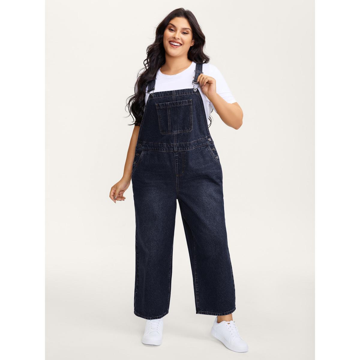 Plus Size Cotton Relaxed-Fit Side Button Overall Denim Jumpsuit Midnight Women No stretch Casual Slanted pocket Leisure Denim Jumpsuits BloomChic 28/5X Product Image