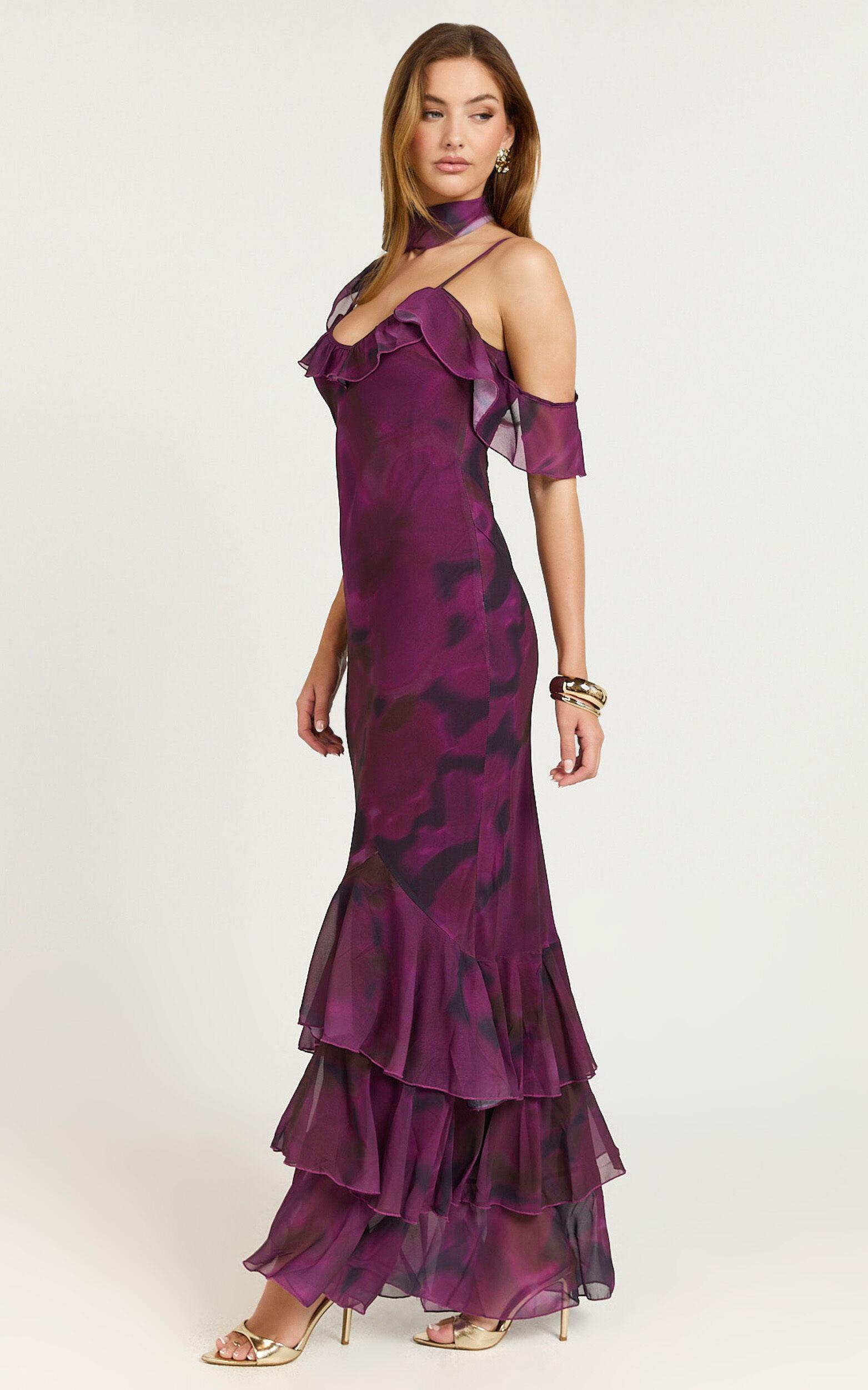 Riley Maxi Dress - Asymmetric Ruffle Detail Maxi Dress in Royal Adeana Product Image