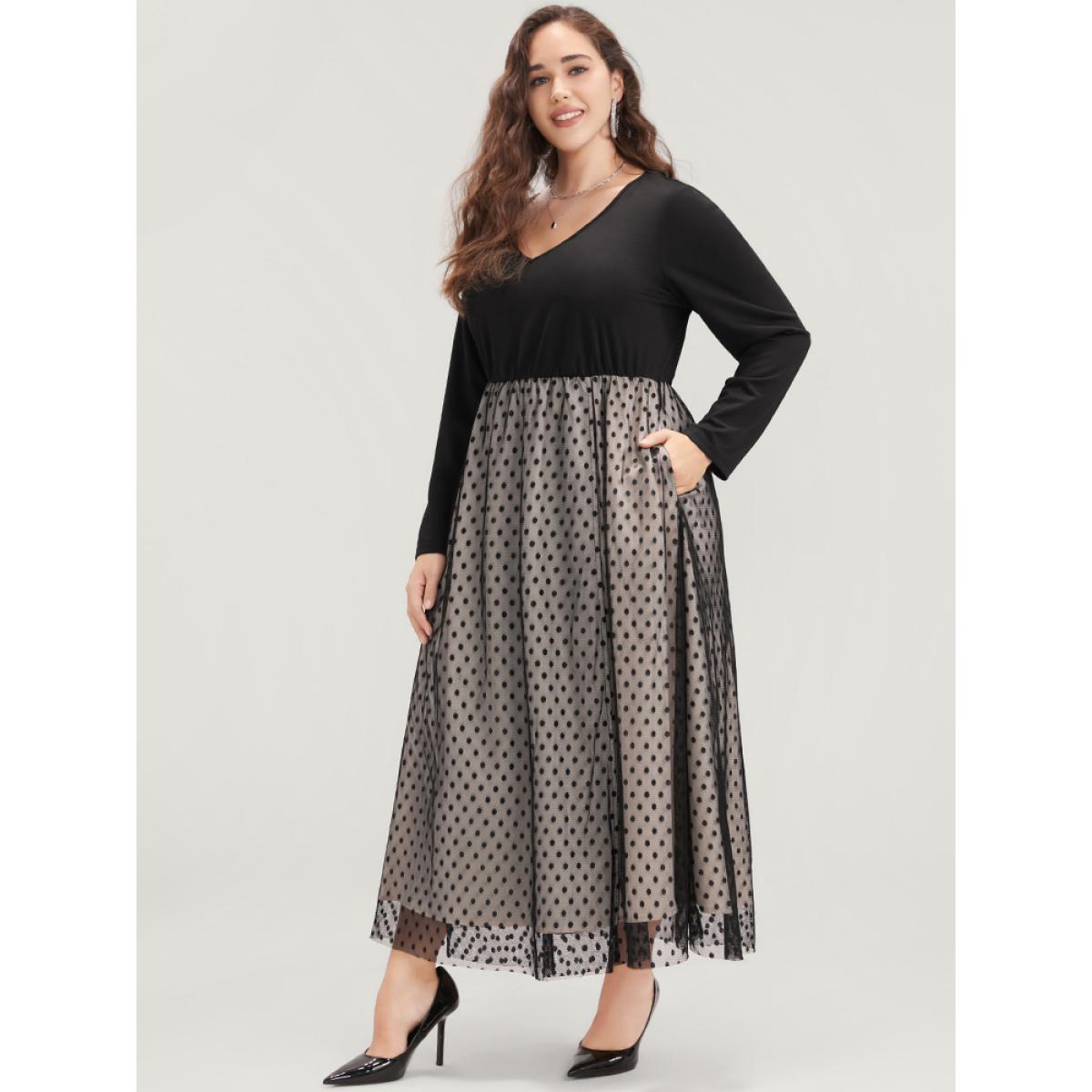 Plus Size Solid Patchwork Pocket V Neck Polka Dot Mesh Dress Black Women Glamour Pocket V-neck Long Sleeve Curvy Long Dress BloomChic 10/M Product Image