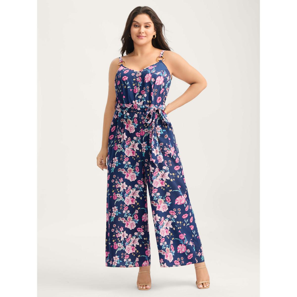 Plus Size Indigo Rosy Print Belted Pockets Jumpsuit Women Sleeveless Non Elegant Loose Jumpsuits BloomChic 12/L Product Image