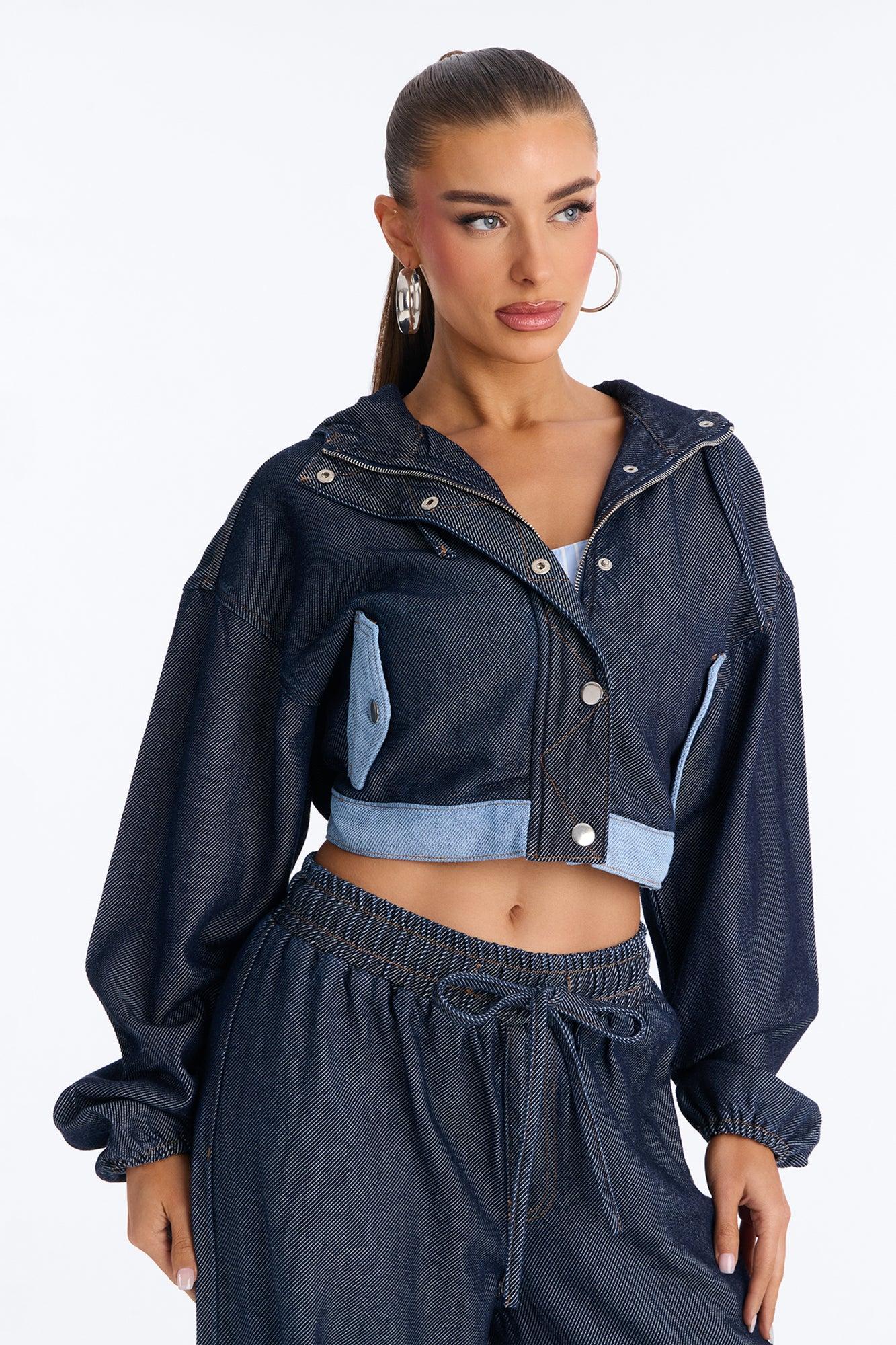 City Pulse Drapey Denim Hooded Jacket - Dark Wash Female Product Image