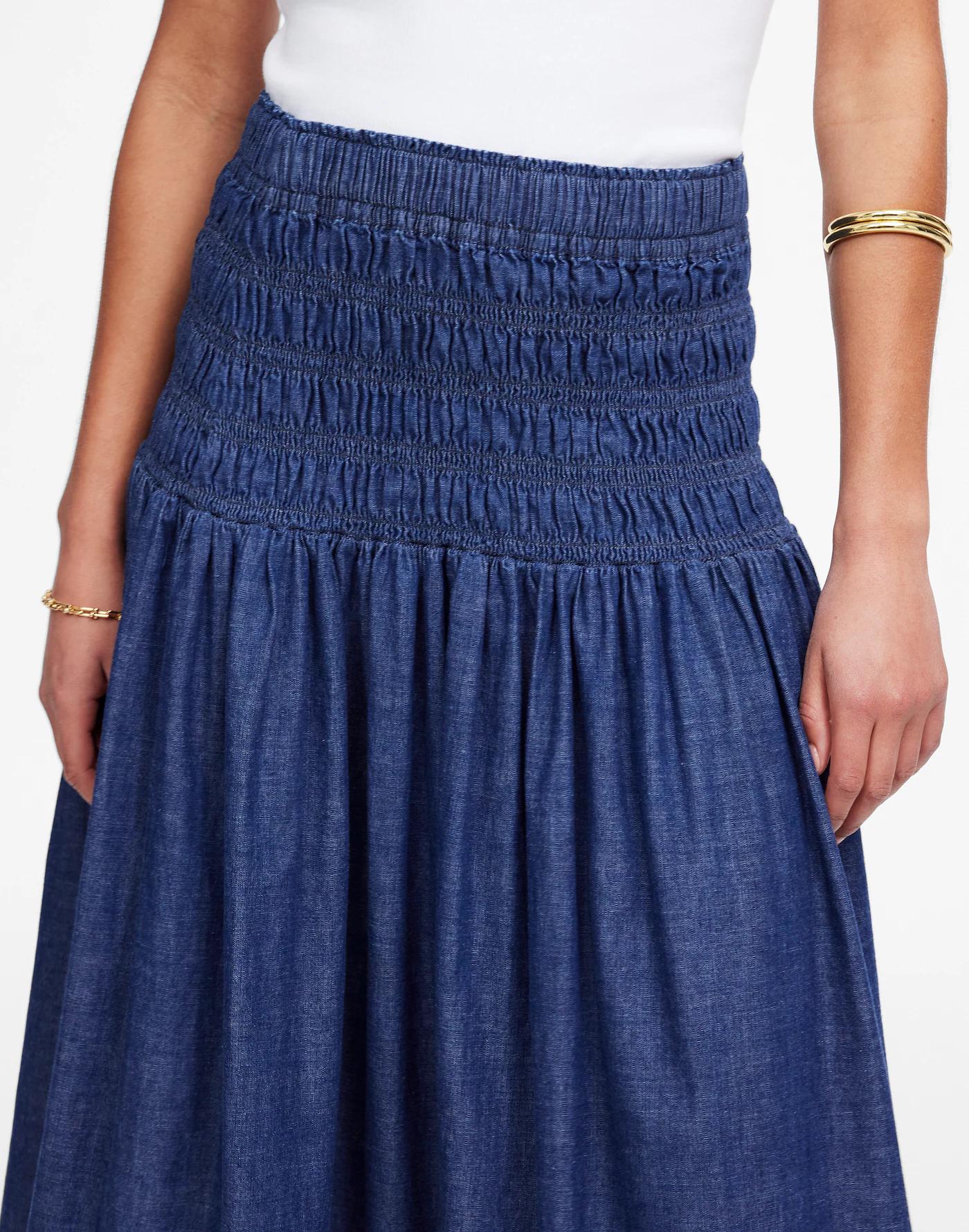 Smocked-Waist Denim Midi Skirt Product Image