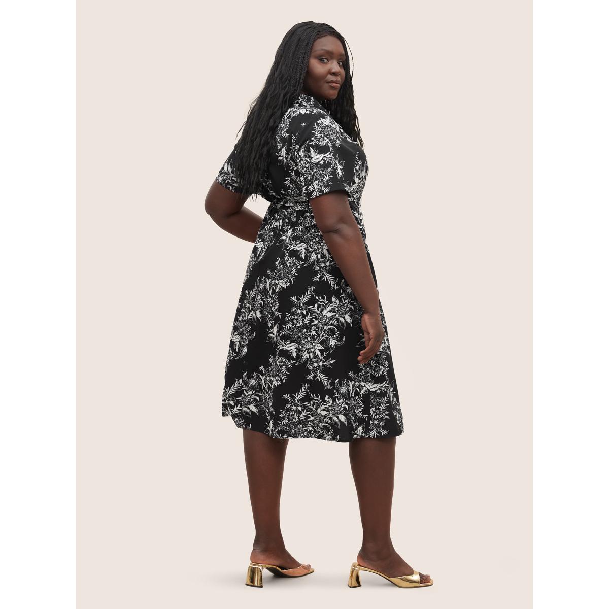 Plus Size Silhouette Floral Print Ties Lapel Collar Dress Black Women At the Office Non Lapel Collar Short sleeve Curvy Midi Dress BloomChic 10/M Product Image