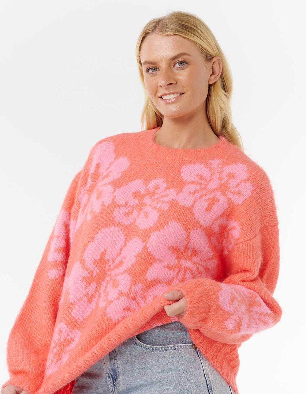 RIP CURL Hibiscus Heat Womens Jacquard Crewneck Sweater - PINK Product Image